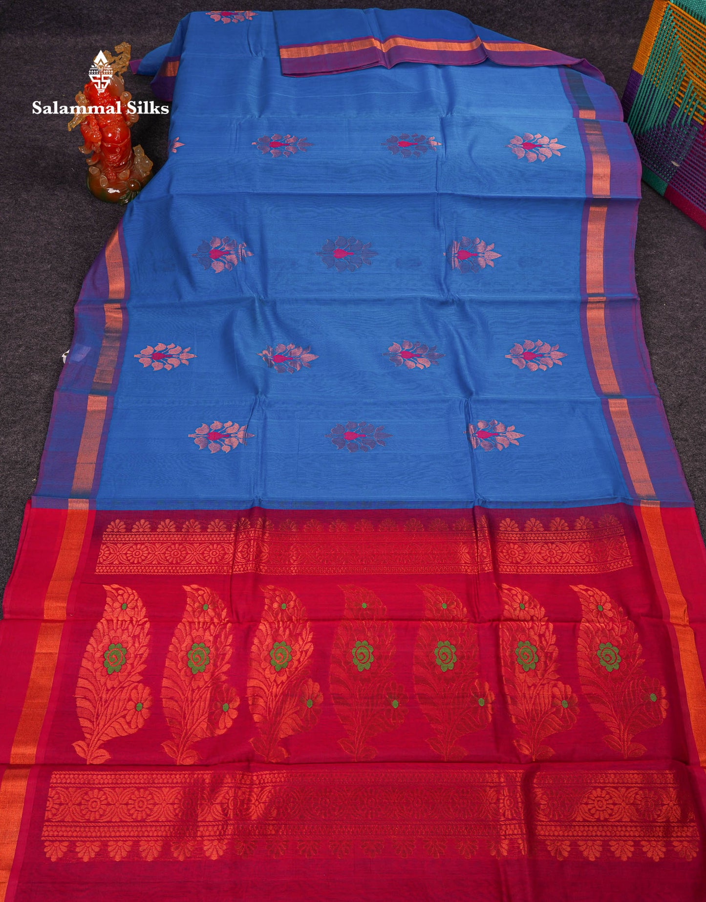Beautiful Ananda Blue Zari Butta Menakari Work SICO Cotton Saree With Contrast Pink Blouse