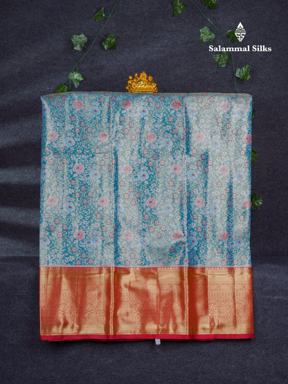 Semi Silk Pattu Pavadai Tissue ( Pastel Blue ) With Contrast Chilly Red Blouse 47"