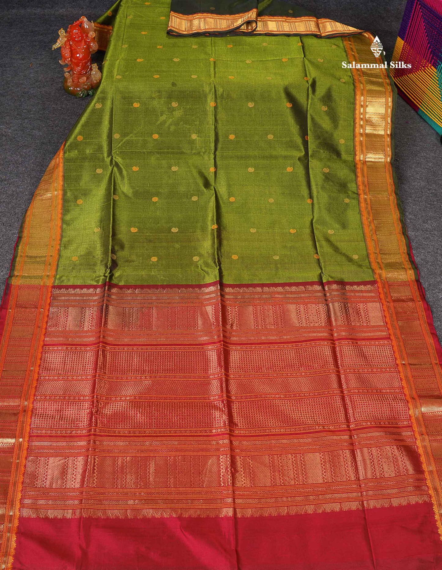Pure Silk Cotton Saree - Olive Green Colour Body Thread Butta & Traditional Border