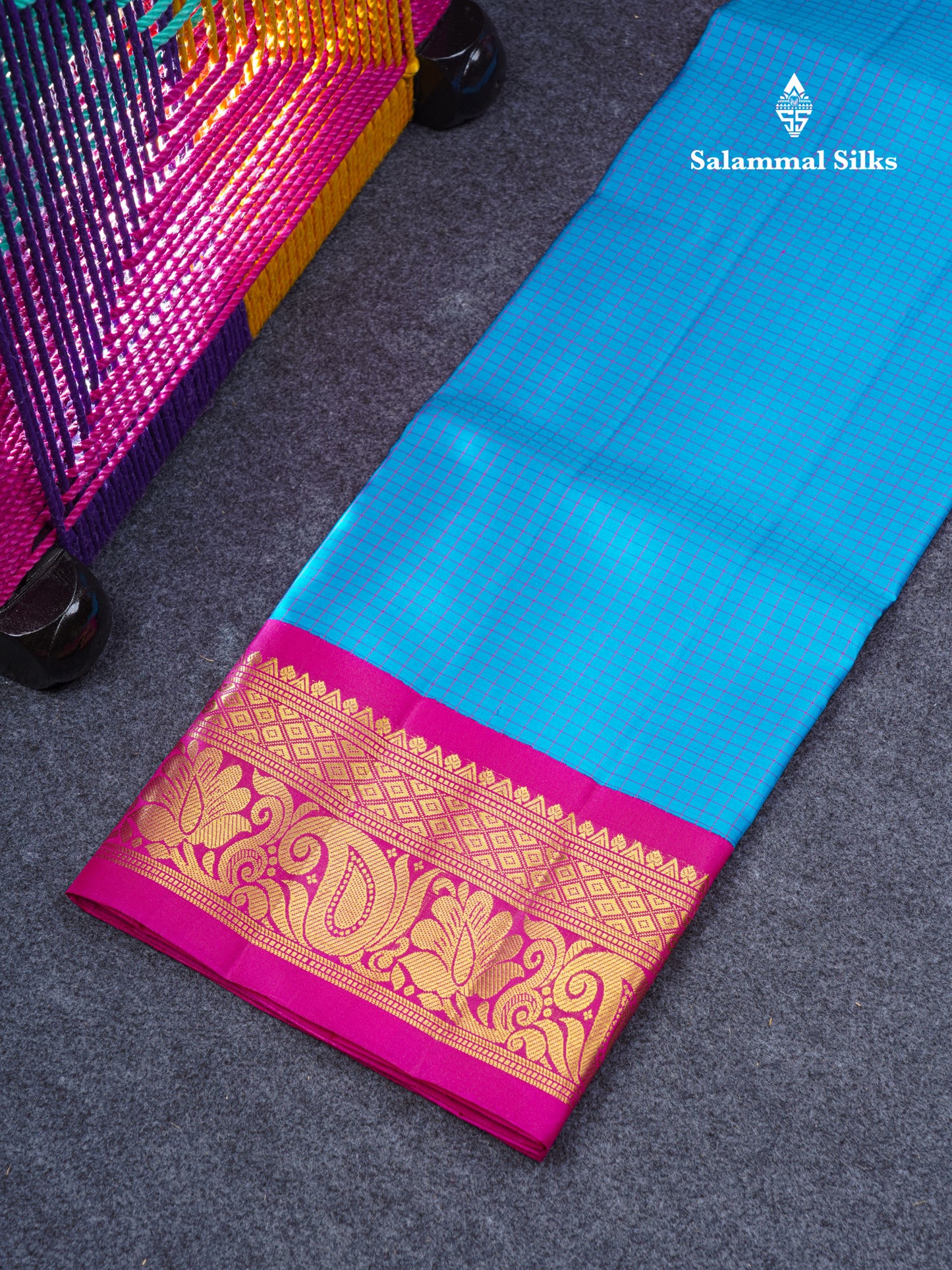 Pure Silk Pattu Pavadai Small Checks (Blue) With Contrast Pink Blouse 44.5"