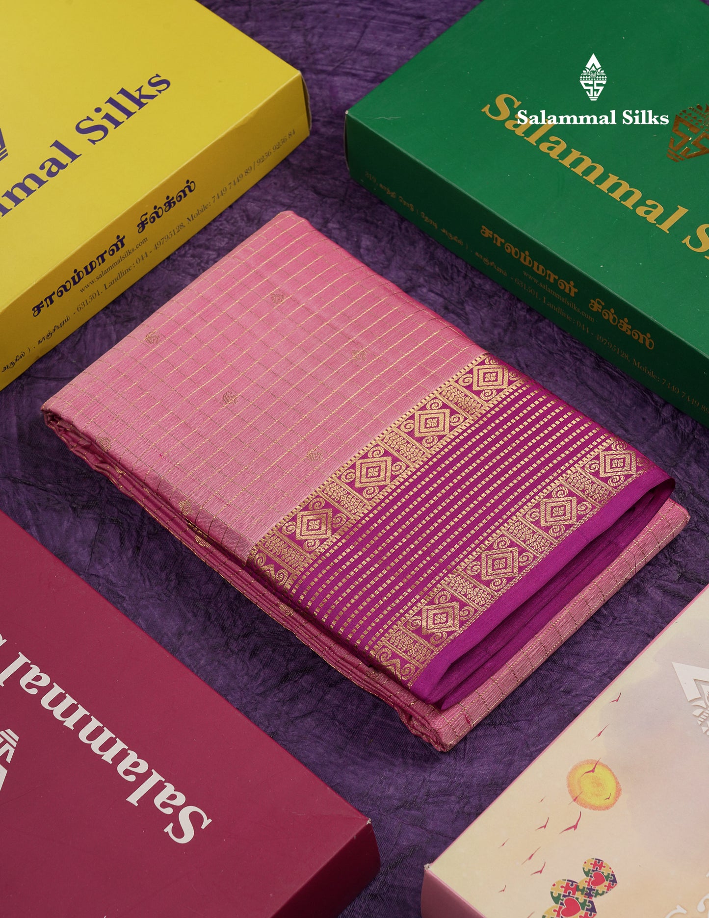 Beautiful Parrot Green Traditional Checks And Buttas Pure Kanjivaram Silk Saree With Contrast Violet Border