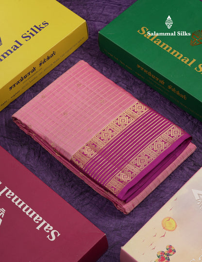 Beautiful Parrot Green Traditional Checks And Buttas Pure Kanjivaram Silk Saree With Contrast Violet Border