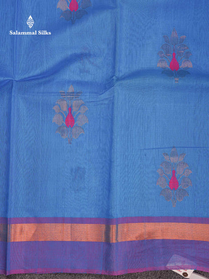 Beautiful Ananda Blue Zari Butta Menakari Work SICO Cotton Saree With Contrast Pink Blouse