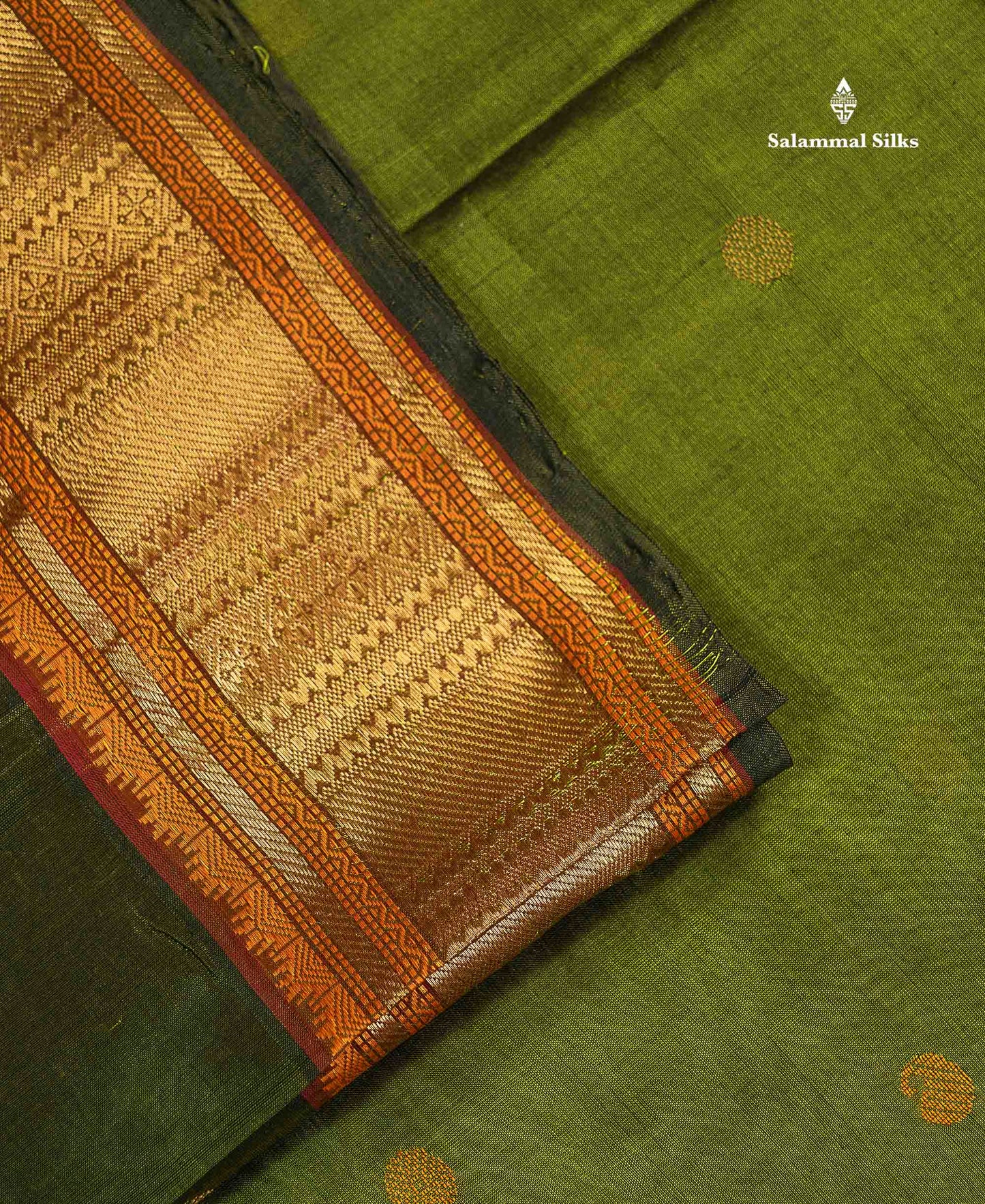 Pure Silk Cotton Saree - Olive Green Colour Body Thread Butta & Traditional Border