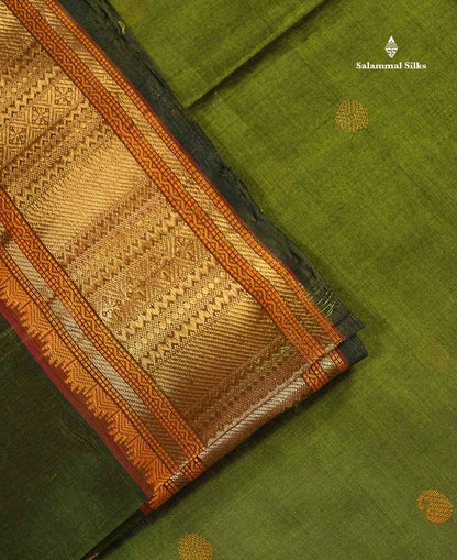 Pure Silk Cotton Saree - Olive Green Colour Body Thread Butta & Traditional Border