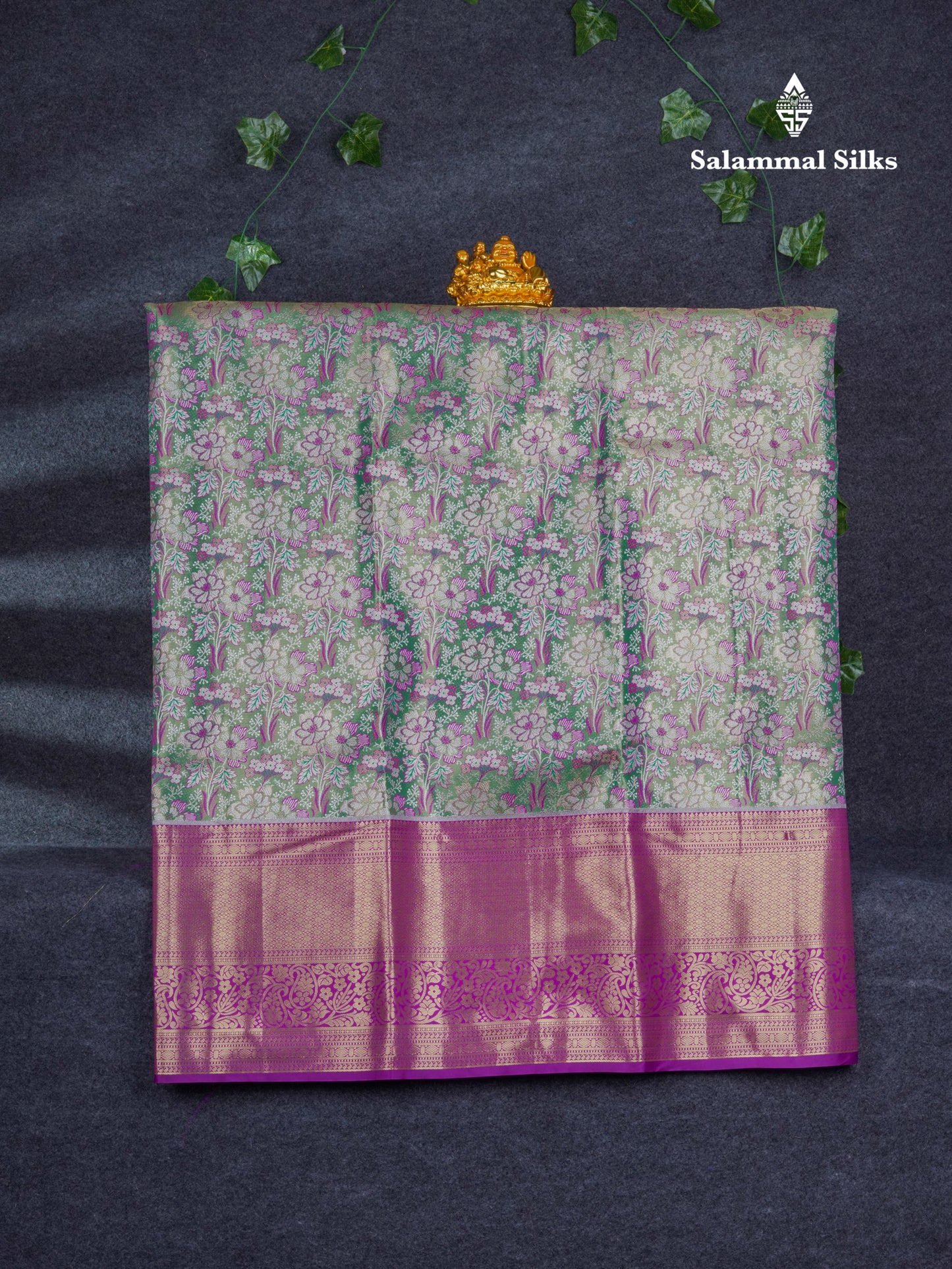 Semi Silk Pattu Pavadai Tissue ( Light Green ) With Contrast Purple Blouse 46.5"