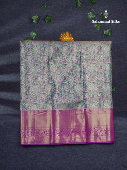 Semi Silk Pattu Pavadai Tissue ( Light Green ) With Contrast Purple Blouse 46.5"