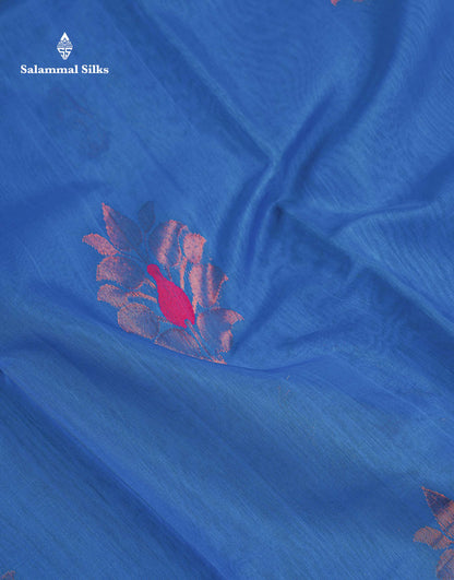 Beautiful Ananda Blue Zari Butta Menakari Work SICO Cotton Saree With Contrast Pink Blouse