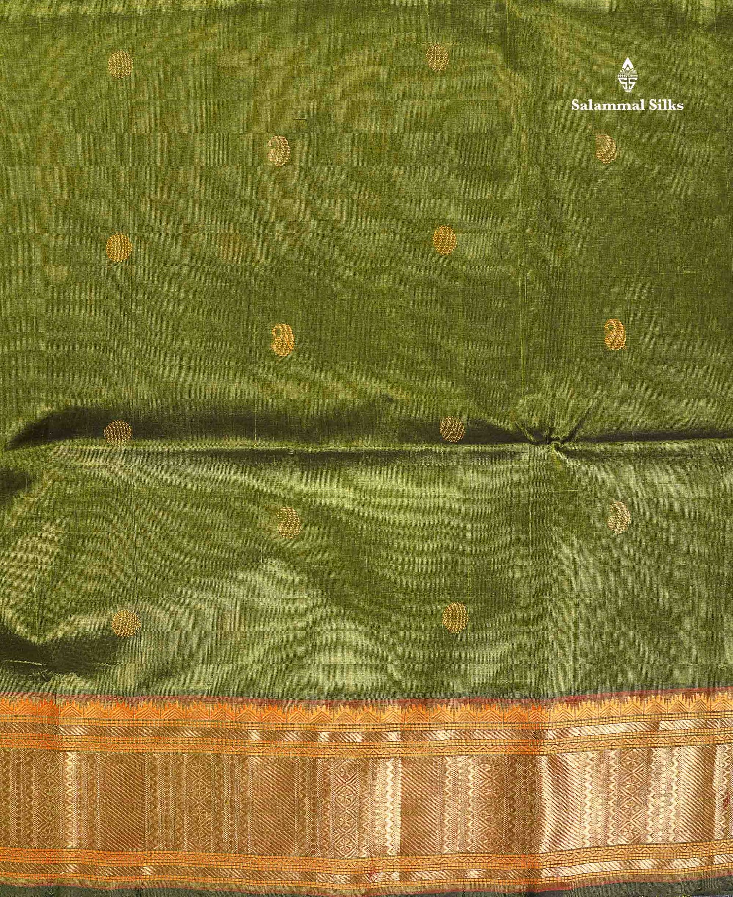 Pure Silk Cotton Saree - Olive Green Colour Body Thread Butta & Traditional Border
