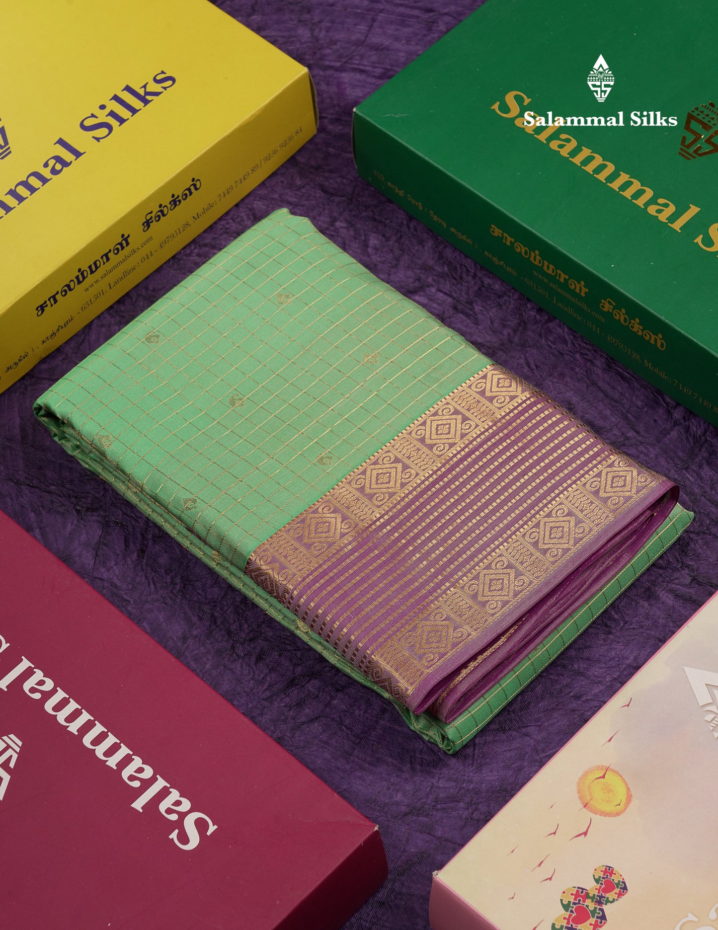 Beautiful Parrot Green Traditional Checks And Buttas Pure Kanjivaram Silk Saree With Contrast Violet Border