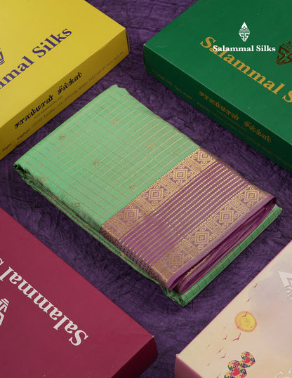 Beautiful Parrot Green Traditional Checks And Buttas Pure Kanjivaram Silk Saree With Contrast Violet Border