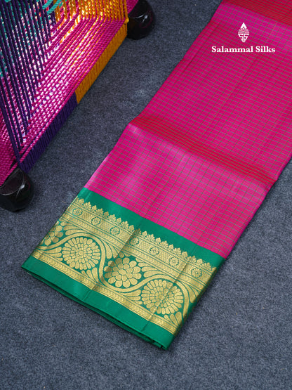Pure Silk Pattu Pavadai Small Checks (Pink) With Contrast Bottle Green Blouse 44.5"