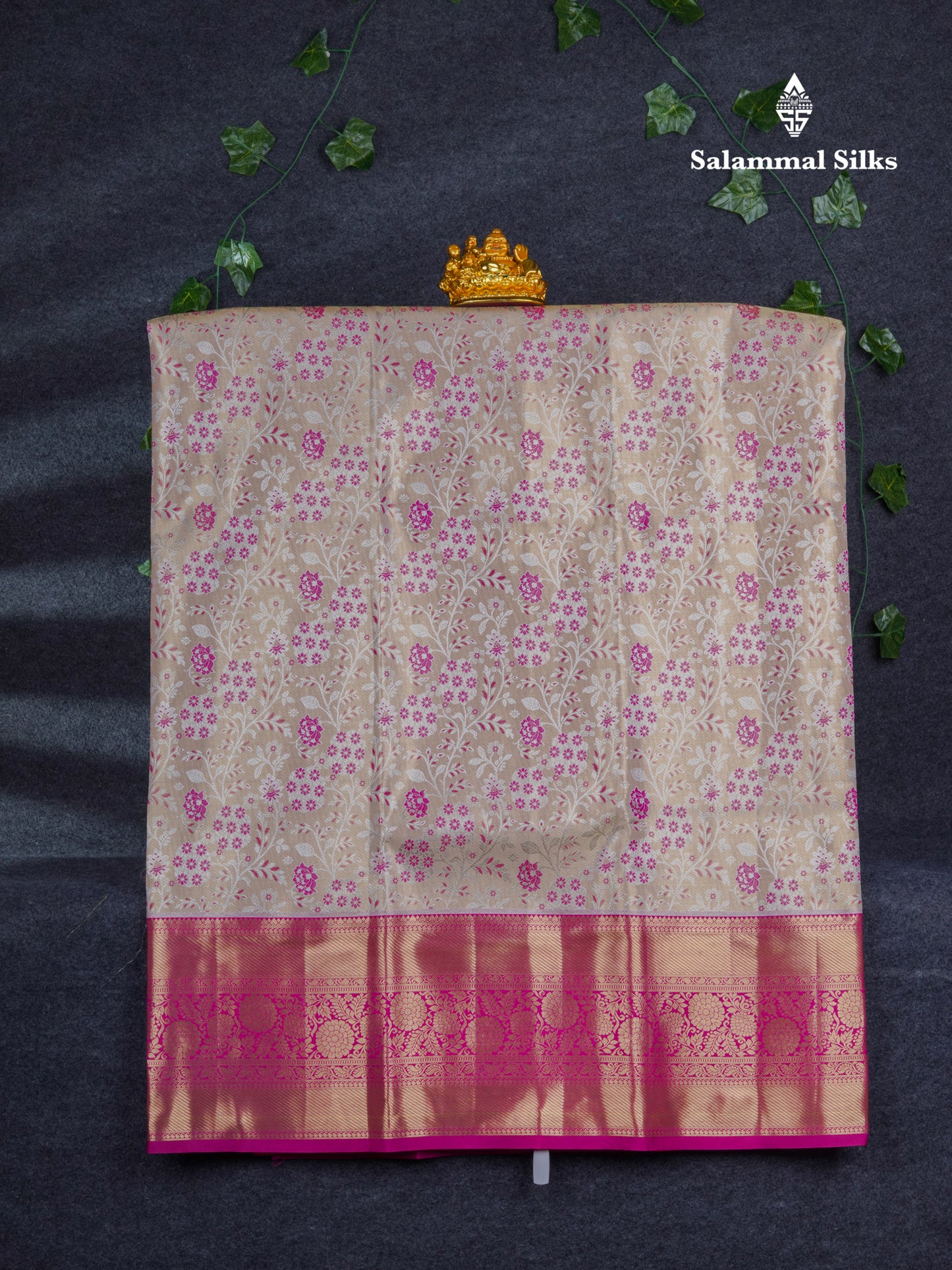 Semi Silk Pattu Pavadai Tissue ( Beige ) With Contrast Pink Blouse 46.5"