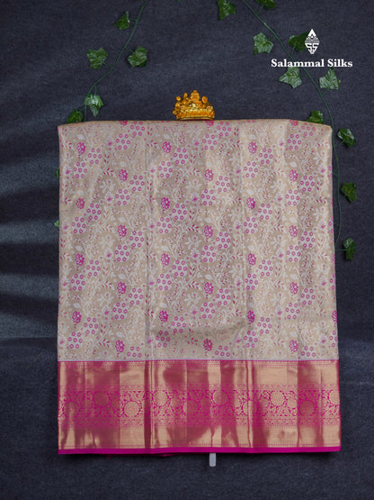 Semi Silk Pattu Pavadai Tissue ( Beige ) With Contrast Pink Blouse 46.5"