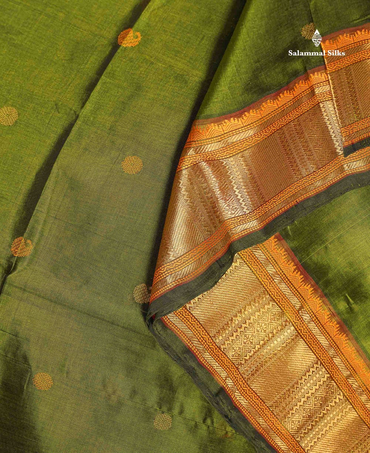 Pure Silk Cotton Saree - Olive Green Colour Body Thread Butta & Traditional Border