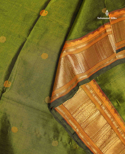 Pure Silk Cotton Saree - Olive Green Colour Body Thread Butta & Traditional Border