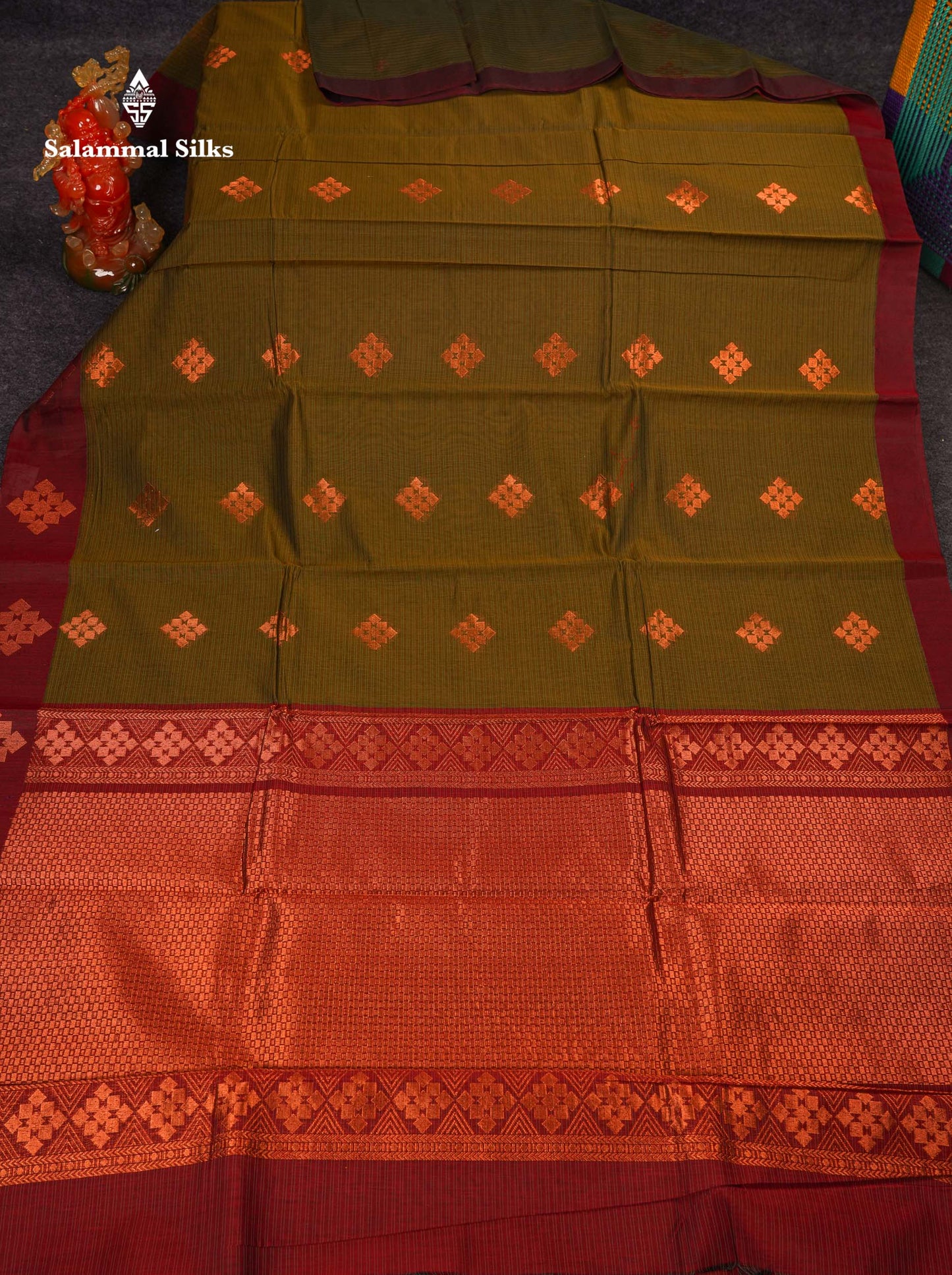Beautiful Olive Green Copper Zari Butta Kota Cotton Saree With Contrast Maroon Border