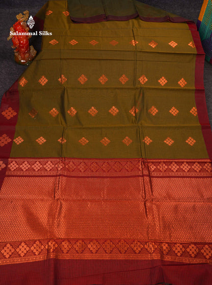 Beautiful Olive Green Copper Zari Butta Kota Cotton Saree With Contrast Maroon Border
