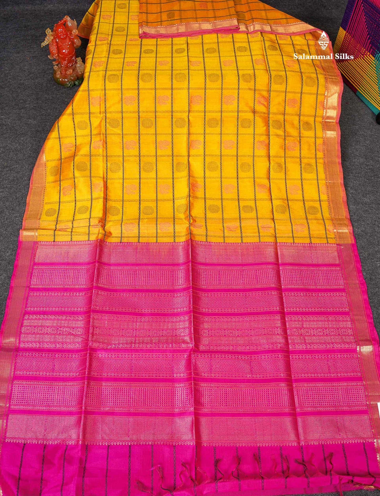 Pure Silk Cotton Saree - Yellow Colour Body Checks With Traditional Butta & Pink Blouse