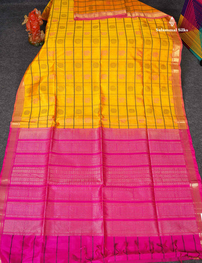 Pure Silk Cotton Saree - Yellow Colour Body Checks With Traditional Butta & Pink Blouse