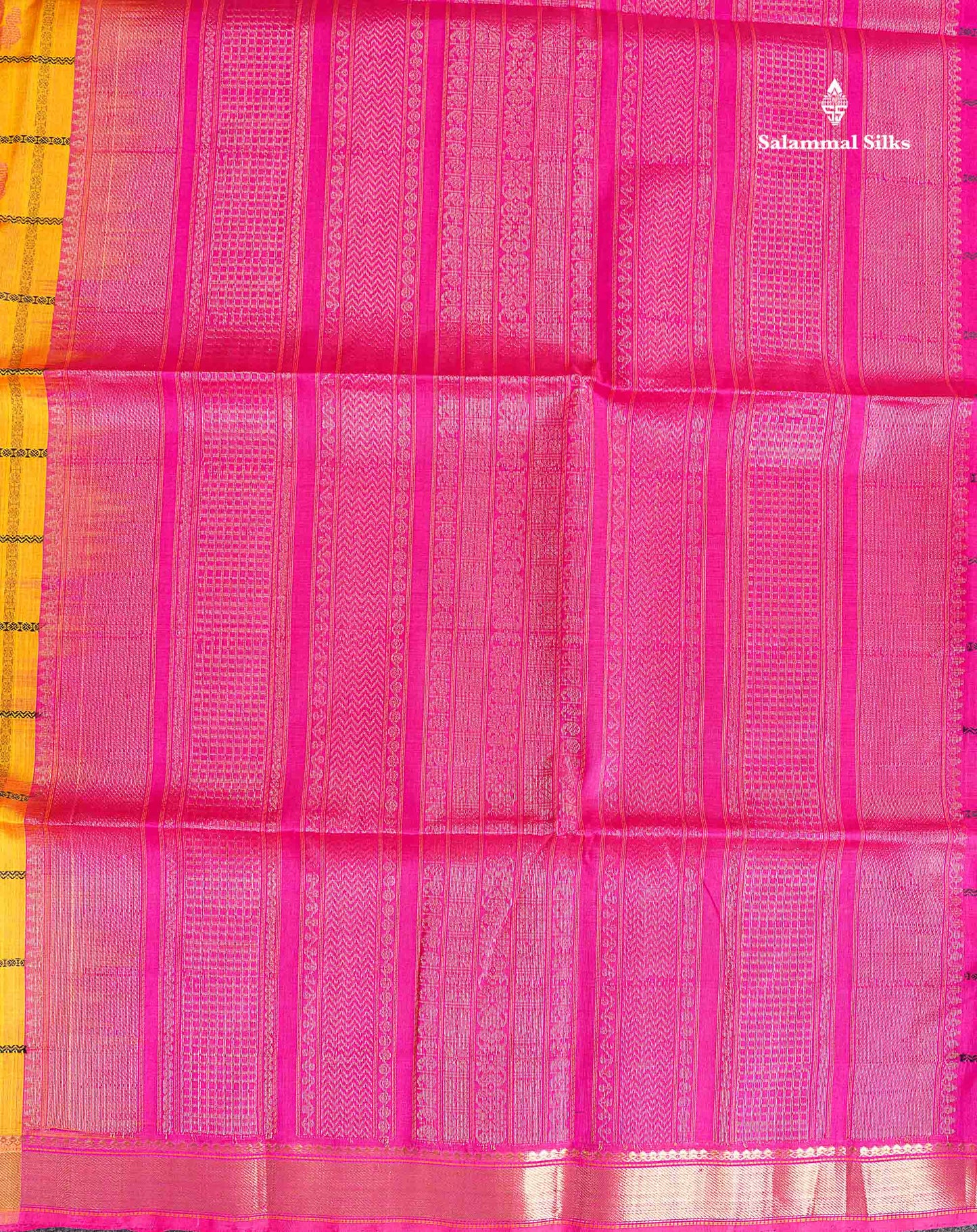 Pure Silk Cotton Saree - Yellow Colour Body Checks With Traditional Butta & Pink Blouse
