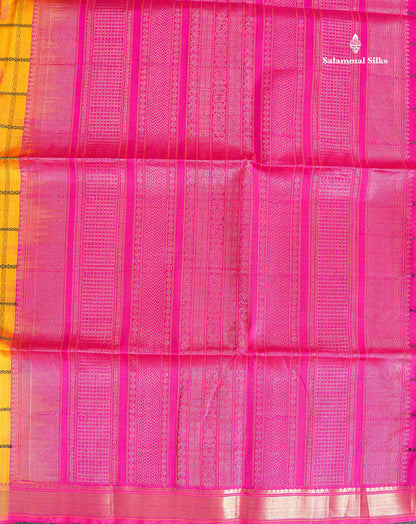Pure Silk Cotton Saree - Yellow Colour Body Checks With Traditional Butta & Pink Blouse