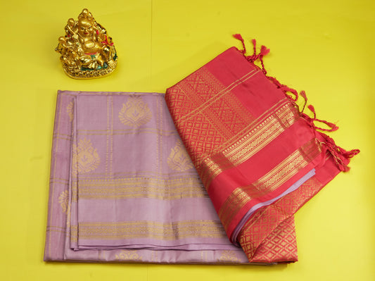 Beautiful Lavender Pure Kanjivaram Soft Silk Saree With Traditional Gap Border