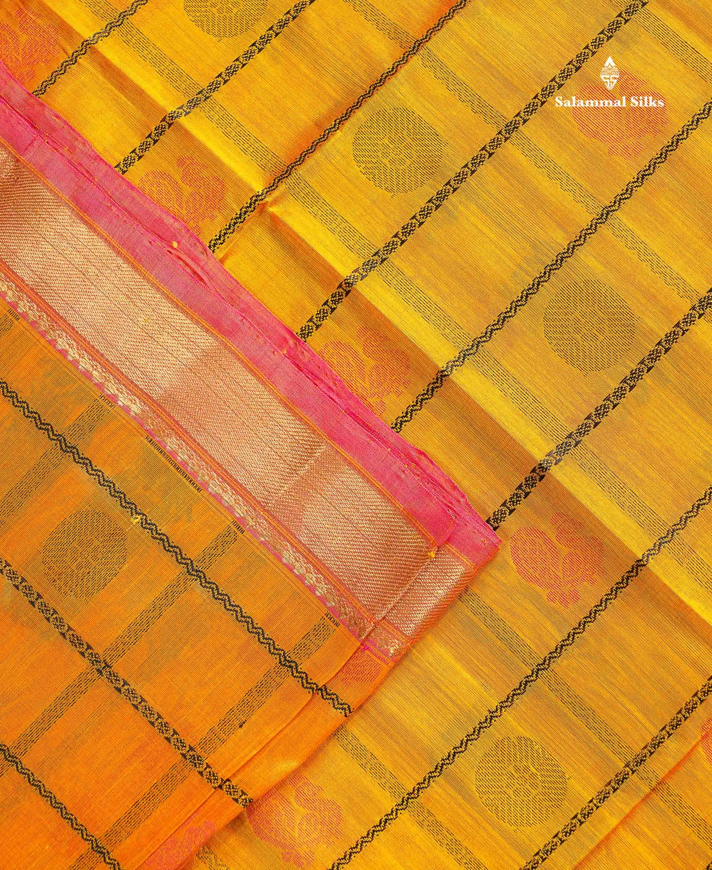 Pure Silk Cotton Saree - Yellow Colour Body Checks With Traditional Butta & Pink Blouse