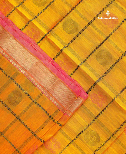 Pure Silk Cotton Saree - Yellow Colour Body Checks With Traditional Butta & Pink Blouse