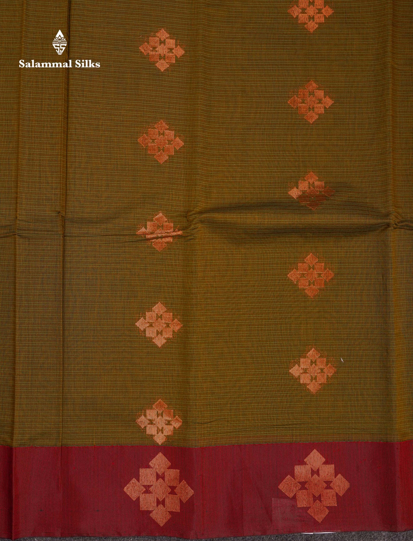 Beautiful Olive Green Copper Zari Butta Kota Cotton Saree With Contrast Maroon Border