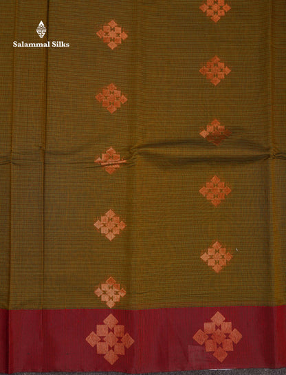 Beautiful Olive Green Copper Zari Butta Kota Cotton Saree With Contrast Maroon Border