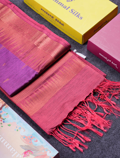 Beautiful Parrot Green Jute Semi Soft Silk Saree With Contrast Dark Purple Temple Border
