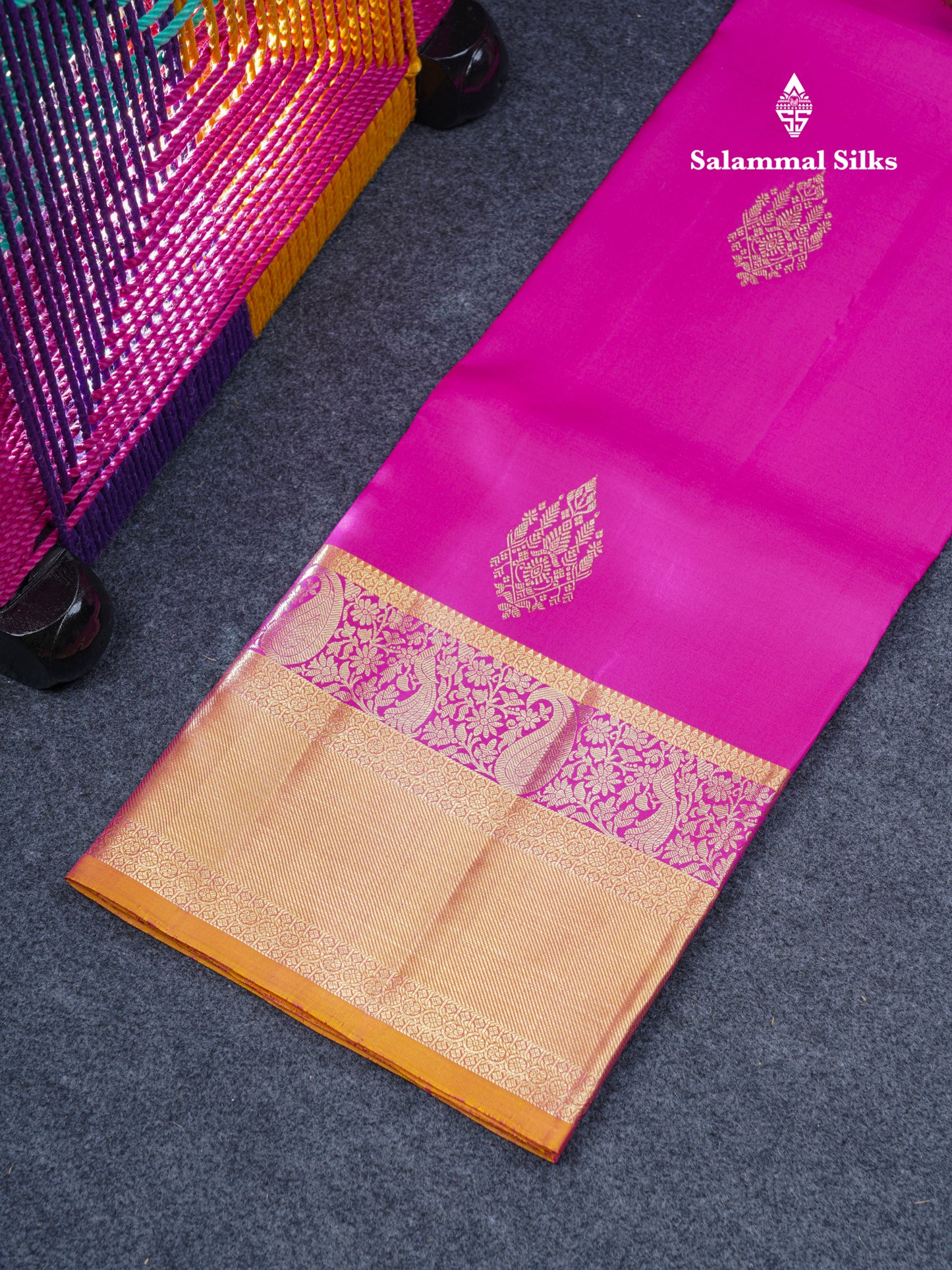 Pure Silk Pattu Pavadai (Magenta Pink) With Contrast Dual Tone Orange Blouse 45"