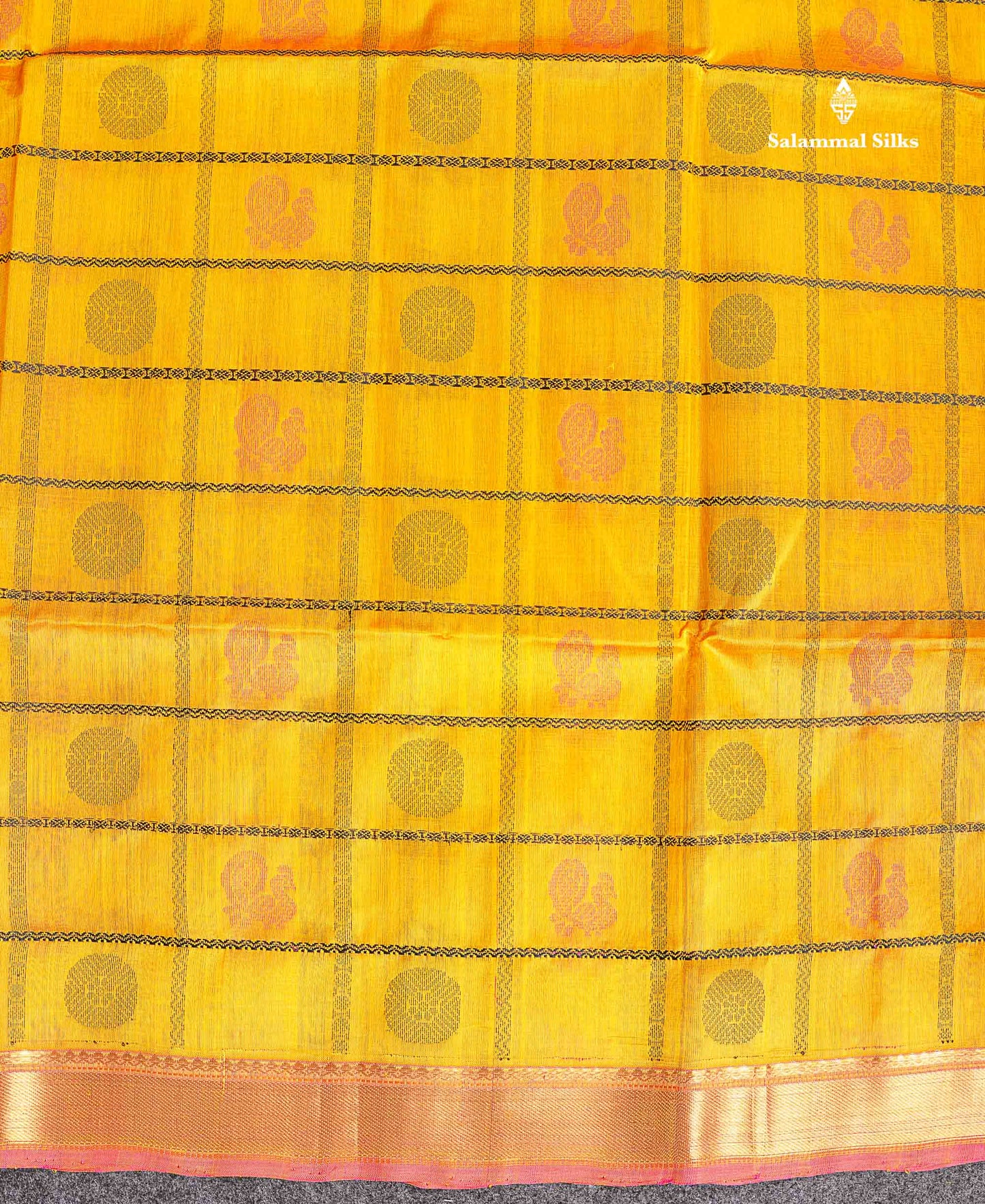 Pure Silk Cotton Saree - Yellow Colour Body Checks With Traditional Butta & Pink Blouse