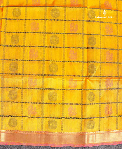 Pure Silk Cotton Saree - Yellow Colour Body Checks With Traditional Butta & Pink Blouse