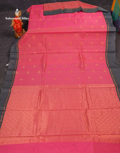 Beautiful Pinkish Peach Small Zari Checks With Butta Kota Cotton Saree With Contrast Grey Border
