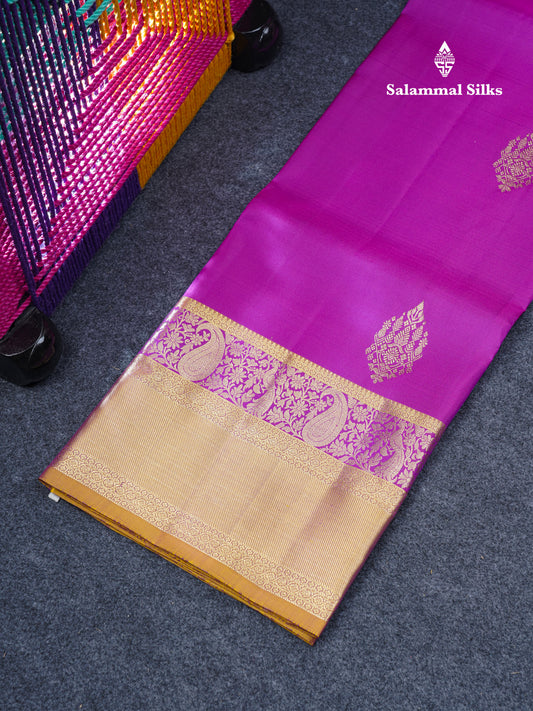 Pure Silk Pattu Pavadai (Dark Purple) With Contrast Olive Mustard Yellow Blouse 45"