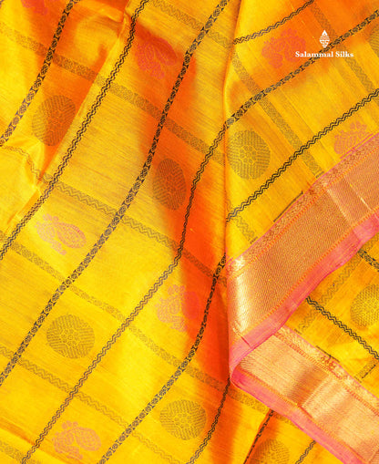 Pure Silk Cotton Saree - Yellow Colour Body Checks With Traditional Butta & Pink Blouse