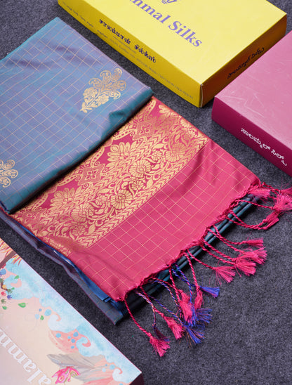 Beautiful Light Rexona Green Zari Checks With Butta Soft Silk Mix Saree With Contrast Dark Purple Blouse