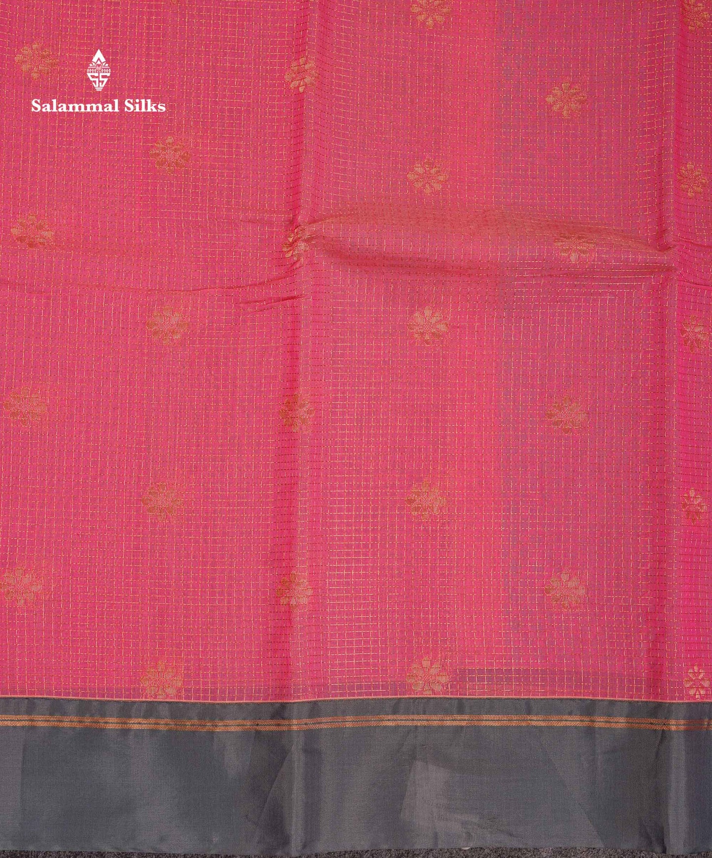 Beautiful Pinkish Peach Small Zari Checks With Butta Kota Cotton Saree With Contrast Grey Border