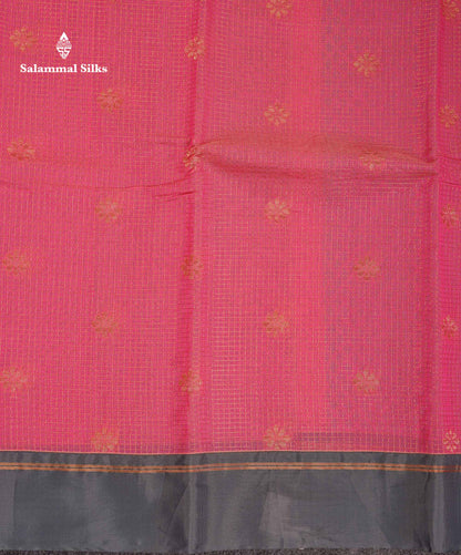 Beautiful Pinkish Peach Small Zari Checks With Butta Kota Cotton Saree With Contrast Grey Border