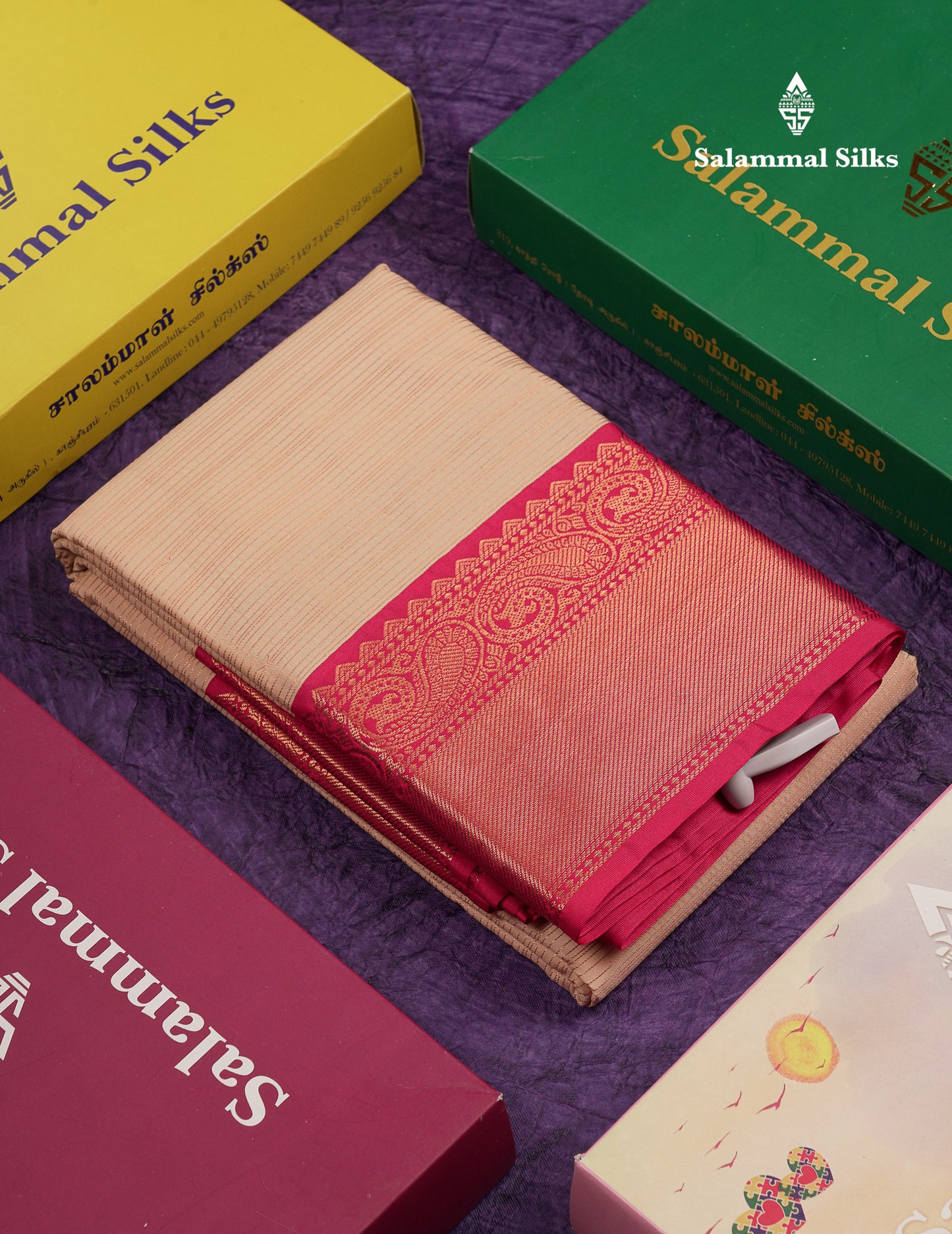 Beautiful Cream Traditional Vaira Oosi Semi Silk Saree With Pink Korvai Border