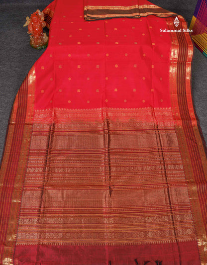 Pure Silk Cotton Saree - Pink Colour Body Thread Butta & Dark Purple Traditional Border