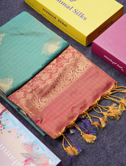 Beautiful Light Rexona Green Zari Checks With Butta Soft Silk Mix Saree With Contrast Dark Purple Blouse
