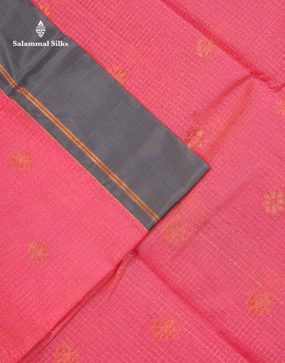 Beautiful Pinkish Peach Small Zari Checks With Butta Kota Cotton Saree With Contrast Grey Border
