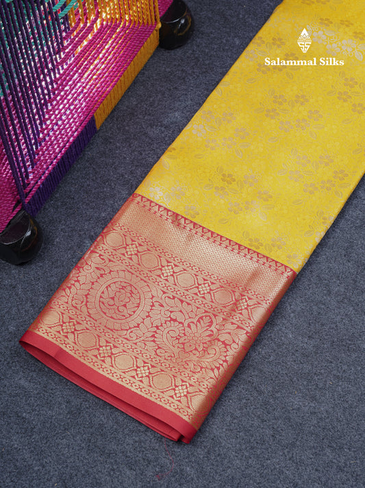 Semi Silk Pattu Pavadai (Yellow) With Contrast Chilly Red Blouse 44"