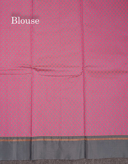 Beautiful Pinkish Peach Small Zari Checks With Butta Kota Cotton Saree With Contrast Grey Border
