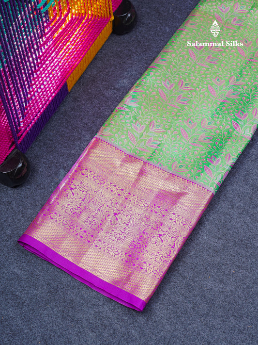 Semi Silk Pattu Pavadai Tissue (Light Green) With Contrast Purple  Blouse 45"