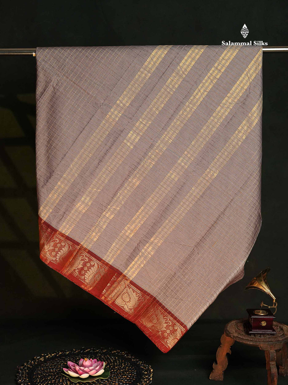 Chettinad Pure Cotton Saree - Light Chocolate Colour Body Zari Checks With Contrast Maroon Border