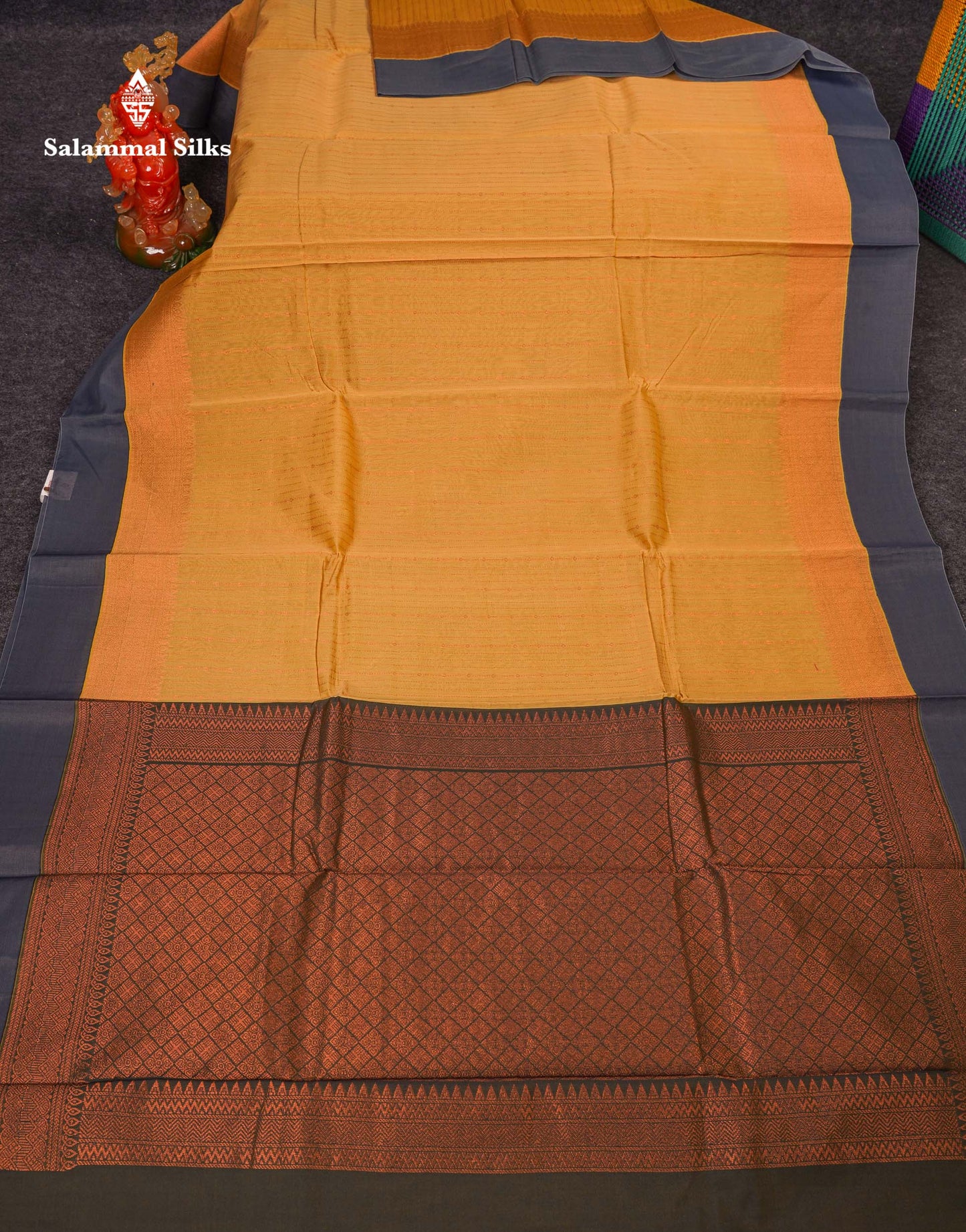 Beautiful Parrot Green Zari Lines Kota Cotton Saree With Contrast Blueish Grey Plain Border
